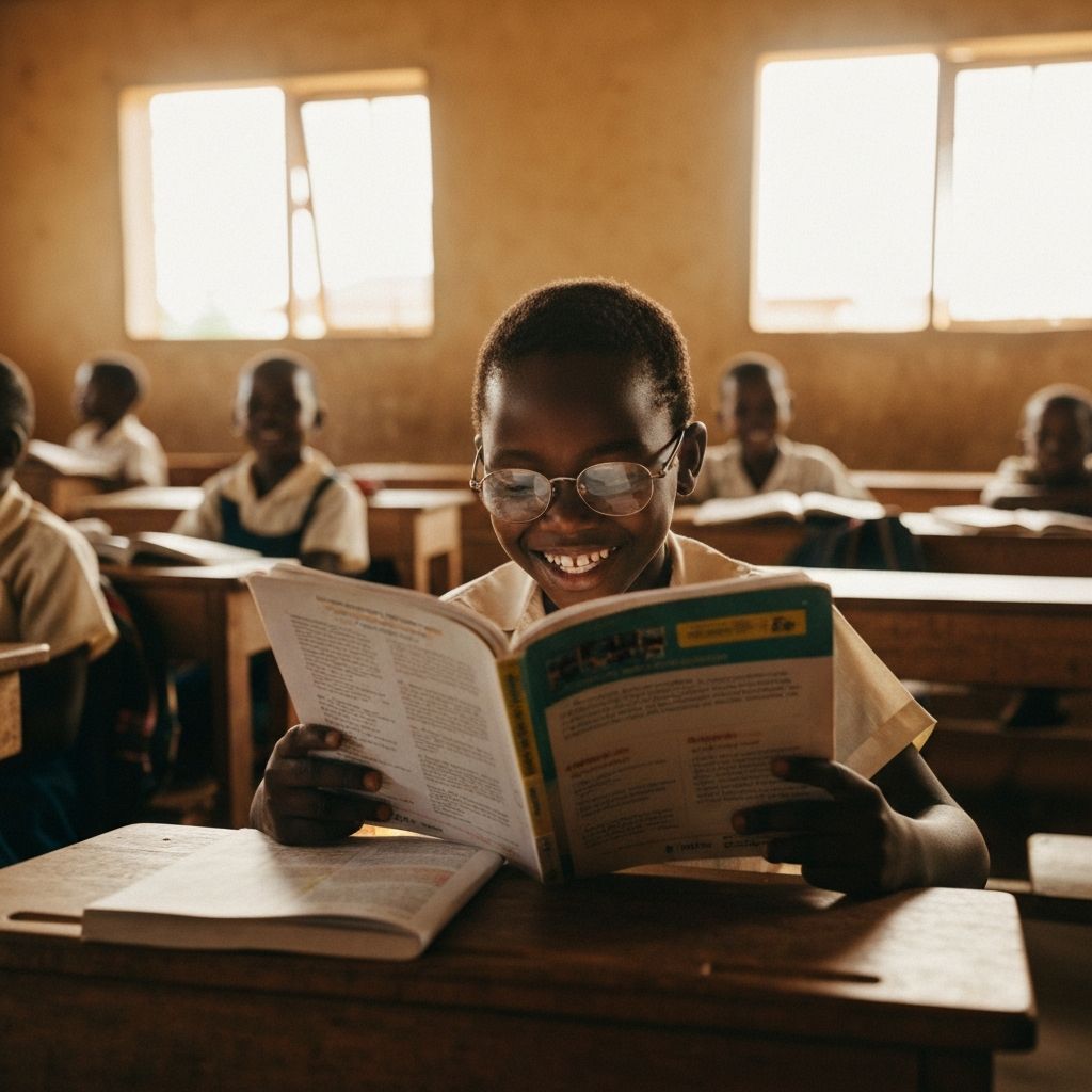 Student reading with new prescription glasses